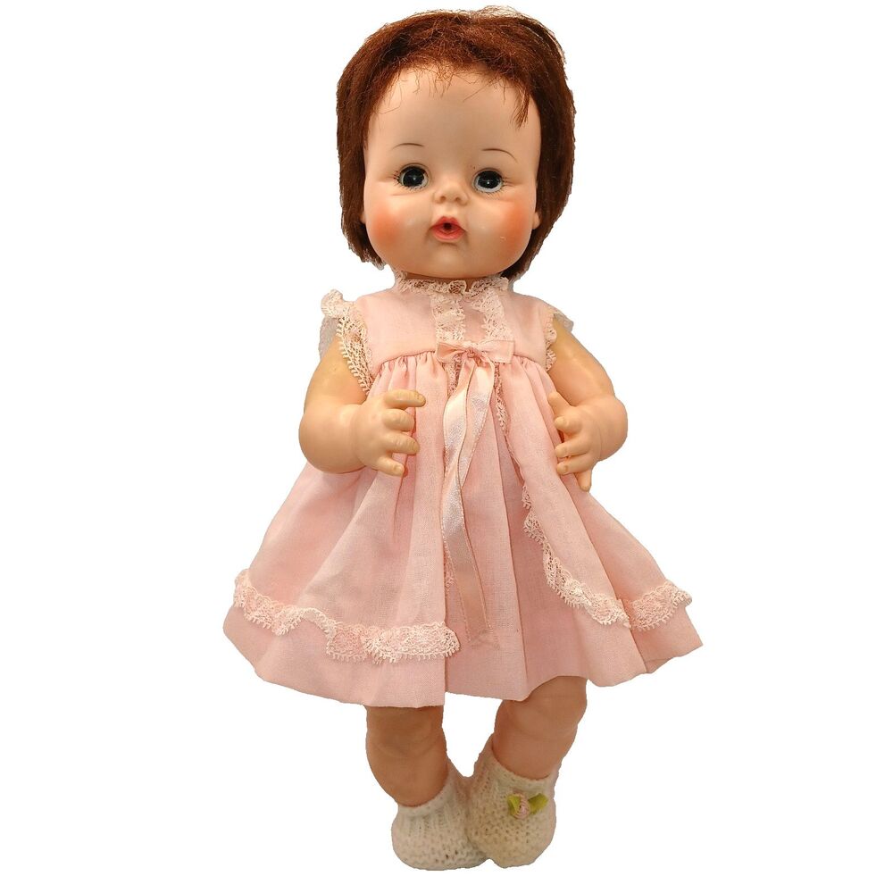 Vtg Madam Alexander Sweet Tears Baby Doll Brunette in Original Pink Dress 13 in